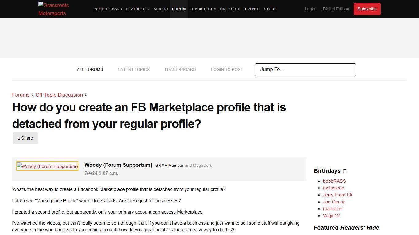 How do you create an FB Marketplace profile that is detached from your regular profile?| Off-Topic Discussion forum |